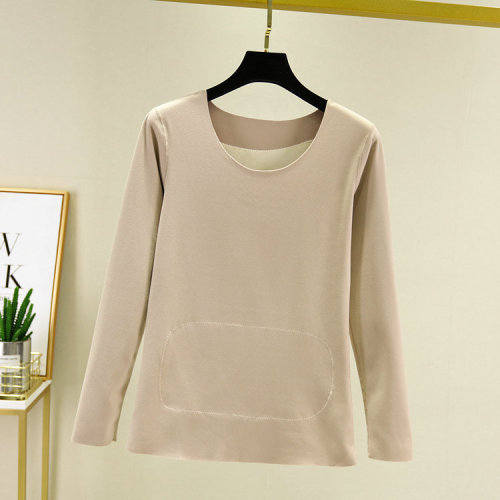 Double-sided Fleece Base Layer Top Korean Style Patchwork Warm Round Neck Long Sleeve Underwear Heated Fleece Upper Body Clothing