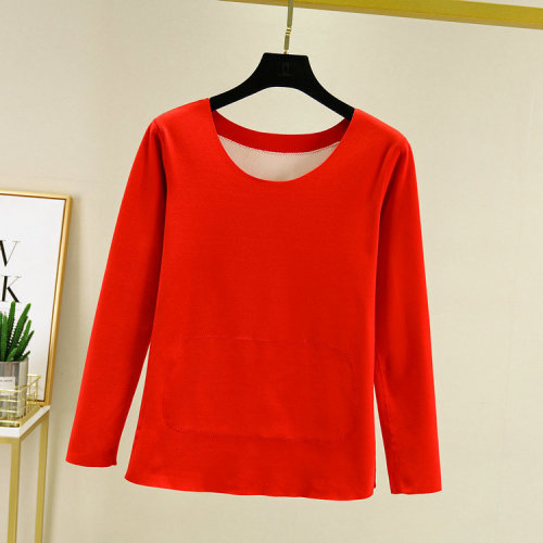 Double-sided Fleece Base Layer Top Korean Style Patchwork Warm Round Neck Long Sleeve Underwear Heated Fleece Upper Body Clothing