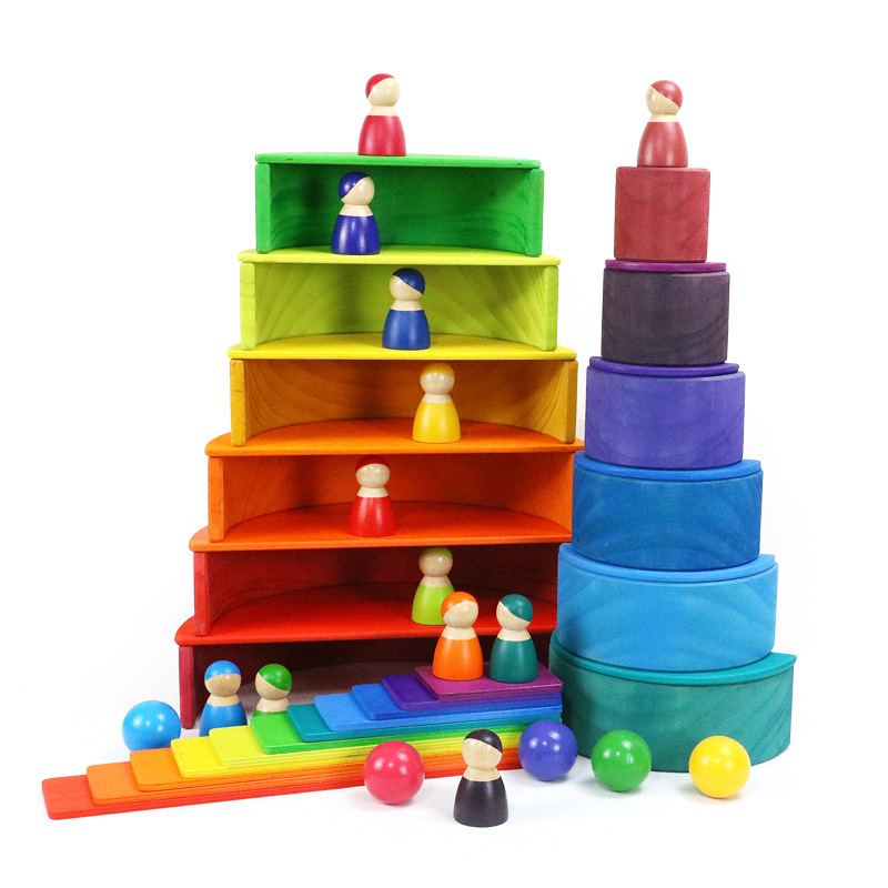 Educación temprana de los niños de madera 11 piezas Rainbow Arch Bridge Half Moon costura creativa niños y niñas educativos apilados juguetes altos