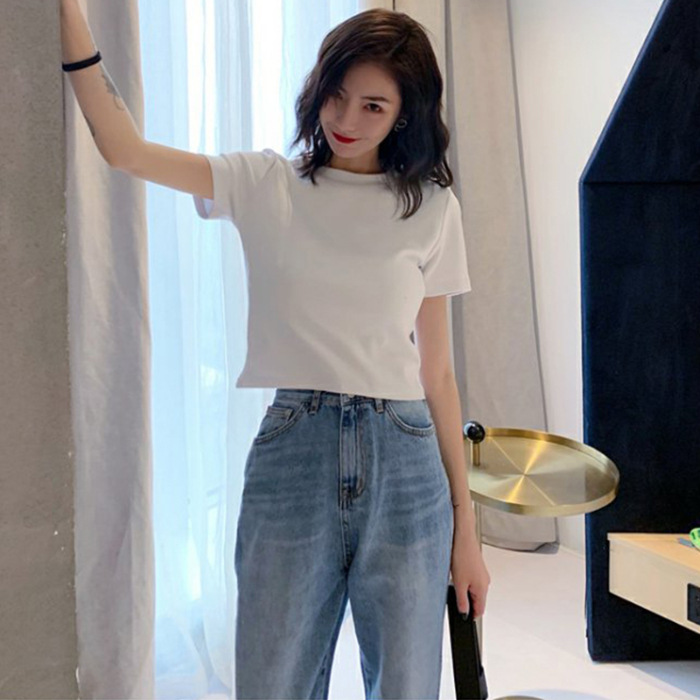 Camiseta corta de 9 colores para mujer, de manga corta y color liso, estilo nuevo verano 2026, top blanco ajustado, capa base de moda.
