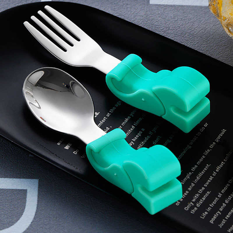 Infant silicone spoon baby children eating silicone short handle spoon 304 stainless steel fork spoon cartoon food supplement spoon