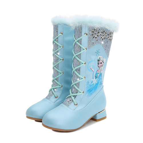 Girls high-heeled boots autumn and winter new Elsa Princess boots children's high boots plus velvet knight little girl boots