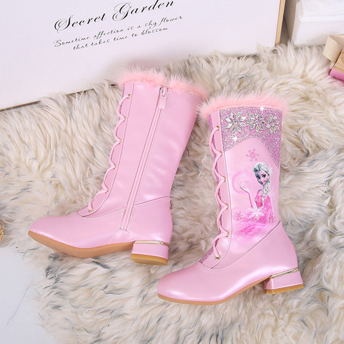 Girls high-heeled boots autumn and winter new Elsa Princess boots children's high boots plus velvet knight little girl boots