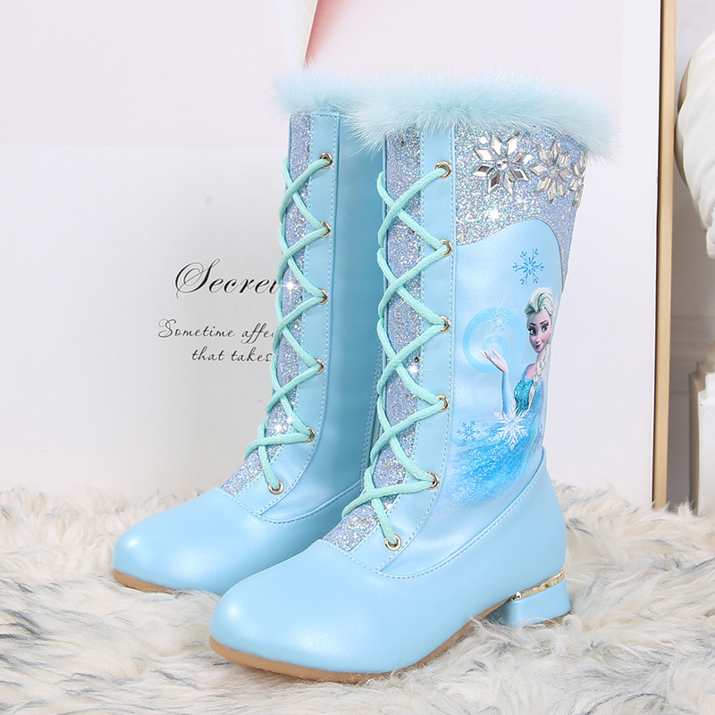 Girls high-heeled boots autumn and winter new Elsa Princess boots children's high boots plus velvet knight little girl boots