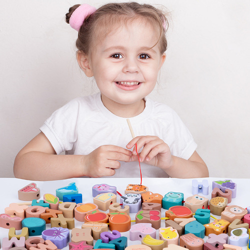 Manufacturer wholesale large particle beaded building blocks kindergarten baby children hand-threading rope interactive toys