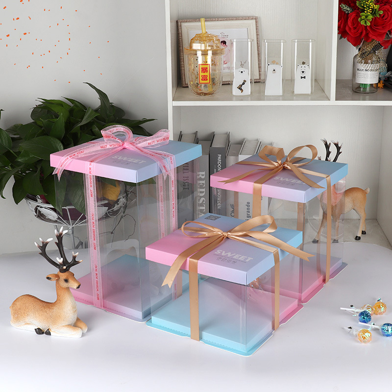 批发蛋糕盒彩虹渐变蛋糕盒透明生日烘焙包装盒6寸8寸10寸单双加高