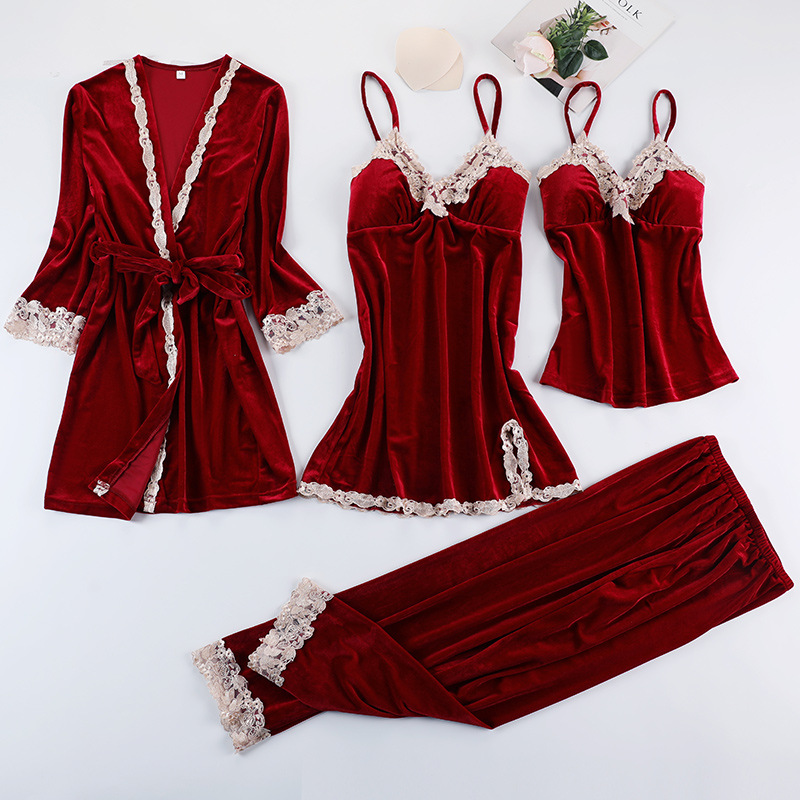 Pajamas for Women in Spring, Autumn and Winter, Sexy Gold Velvet Four-Piece Suit with Breast Pads, Suspenders, Nightgown, Long Sleeves, Can Be Worn Outside as Home Clothes