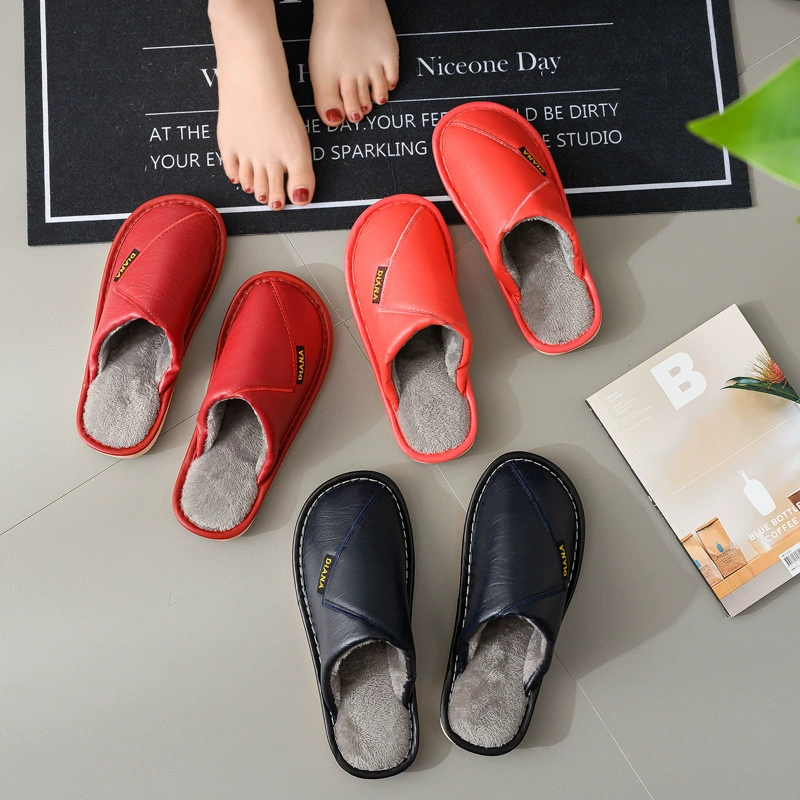 Водонепроницаемые кожаные тапочки нового дизайна для мужчин и женщин, домашние, для пар, нескользящие, теплые, хлопковые, осенне-зимние, оптом.