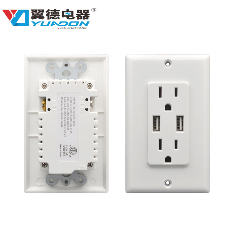 翼德电器带双USB美国美规家居墙壁插座15A 125V酒店美标墙壁插座