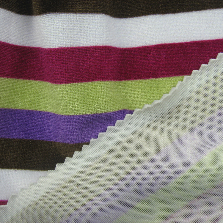 印花天鹅绒运动套装面料针织全涤分散印花蒸纱仿棉绒彩条天鹅绒布