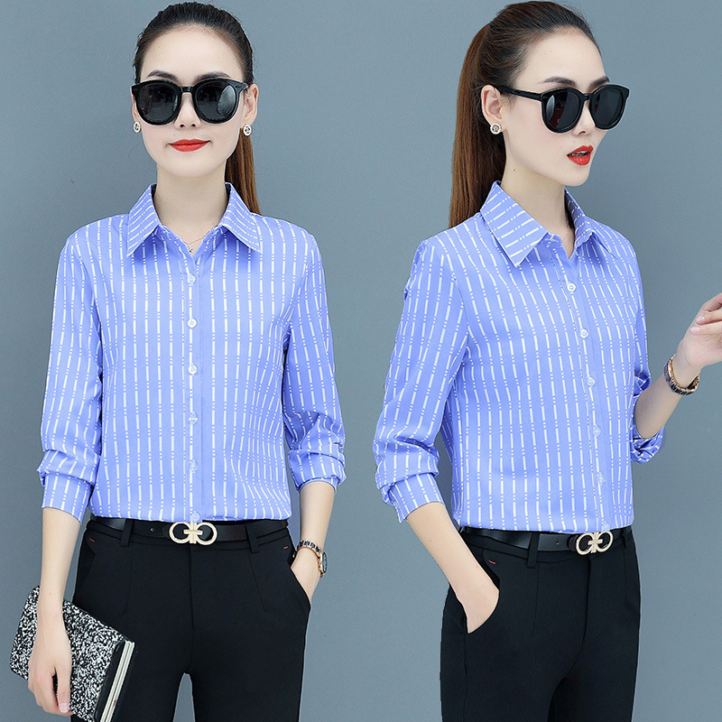 2026 Spring New Striped Chiffon Shirt for Women, Long Sleeve, Loose Fit, Versatile, Stylish, Plus Size Women's Base Shirt