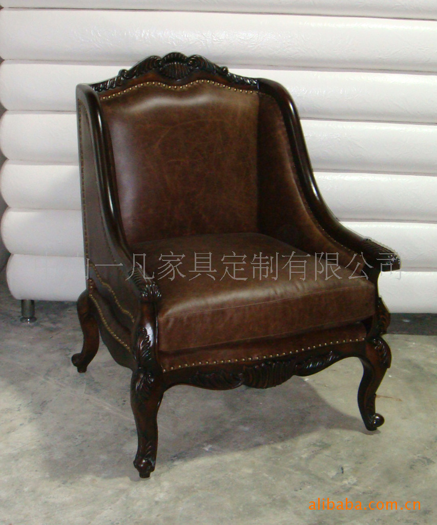 American style solid wood Carved genuine leather sofa Leisure chair