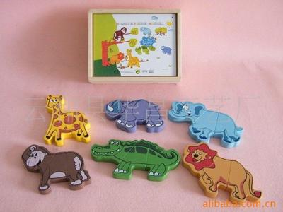 批發兒童益智拼圖玩具 卡通拼裝動物磁性積木A 6只動物 木盒裝