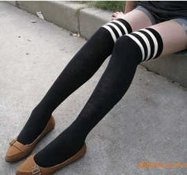 韩国 加厚棉条纹过膝袜三条纹3杠条棉质过膝袜 长筒袜子批发 G006
