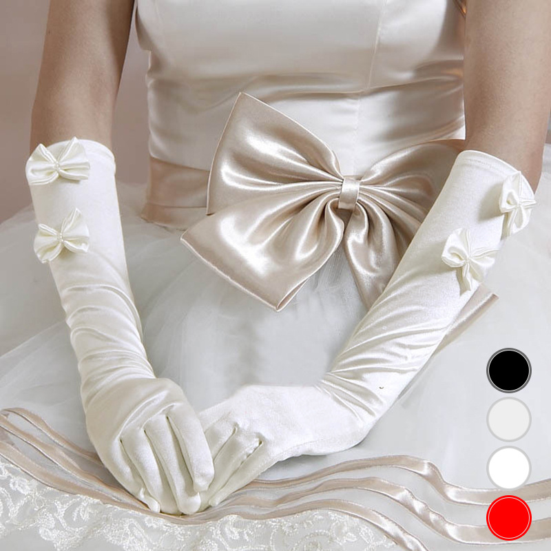欧美新娘手套有指双蝴蝶结缝珠中长缎面色丁婚纱礼服红白米黑袖套|ms
