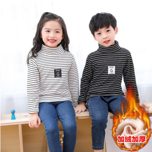 Children's Striped Fleece-Thickened Base Shirt High Collar Top Collar Single Piece for Boys and Girls Semi-High Collar Long-Sleeve T-Shirt