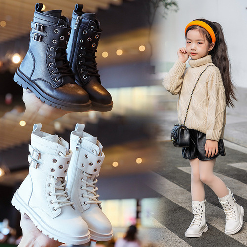 Girls' Martin boots super fiber children's short boots spring and autumn single style 2024 new British style catwalk black cotton boots