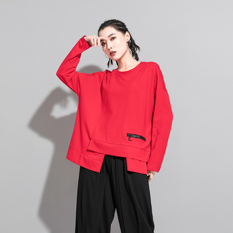 European and American Autumn and Winter New Women's Dark Style Cold Style T-shirt Stitching Design Zipper Loose Long Sleeve Women's Top European and American Autumn and Winter New Women's Dark Style Cold Style T-shirt Stitching Design Zipper Loose Long Sleeve Women's Top