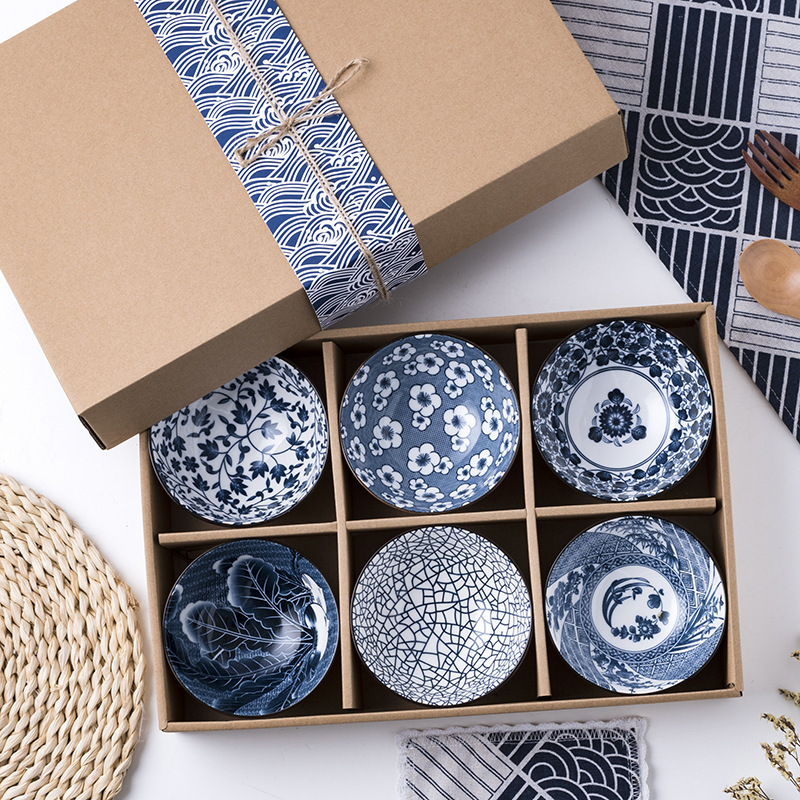 Japanese Style Creative Household Bowl and Chopsticks Set Blue and White Porcelain Bowl Gift Box Gift Giving Ceramic Tableware Activity Sale Gift Bowl