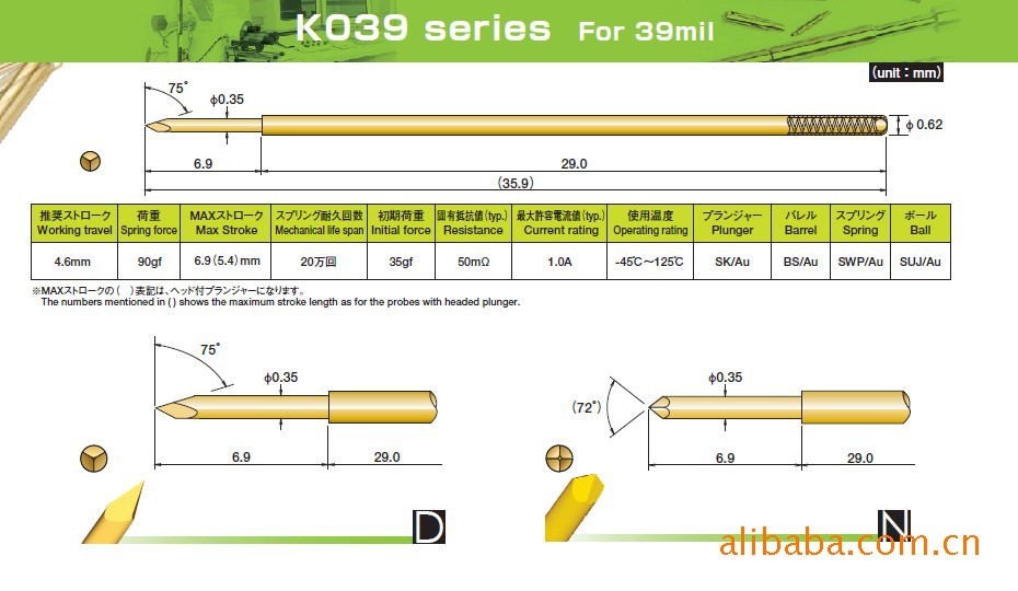 日本喜多原装进口ict测试探针  k039－d035-090弹簧探针
