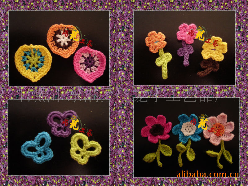 供应手钩花，针织花，服装辅料花。手工棉线钩编花款式新