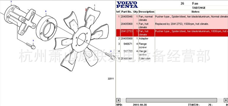 沃尔沃发动机配件 TAD720GE风叶 20412753  专业沃尔沃发动机维修