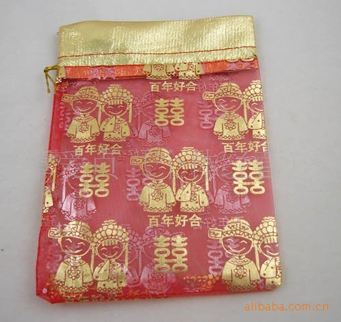 厂家直销批发高档金边纱袋 礼品袋百年好合礼品包装 束口喜糖袋|ru