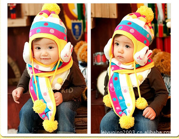 韩版大兔子条纹彩虹护耳帽儿童套头帽子双层毛线加厚帽子围巾套装|ms
