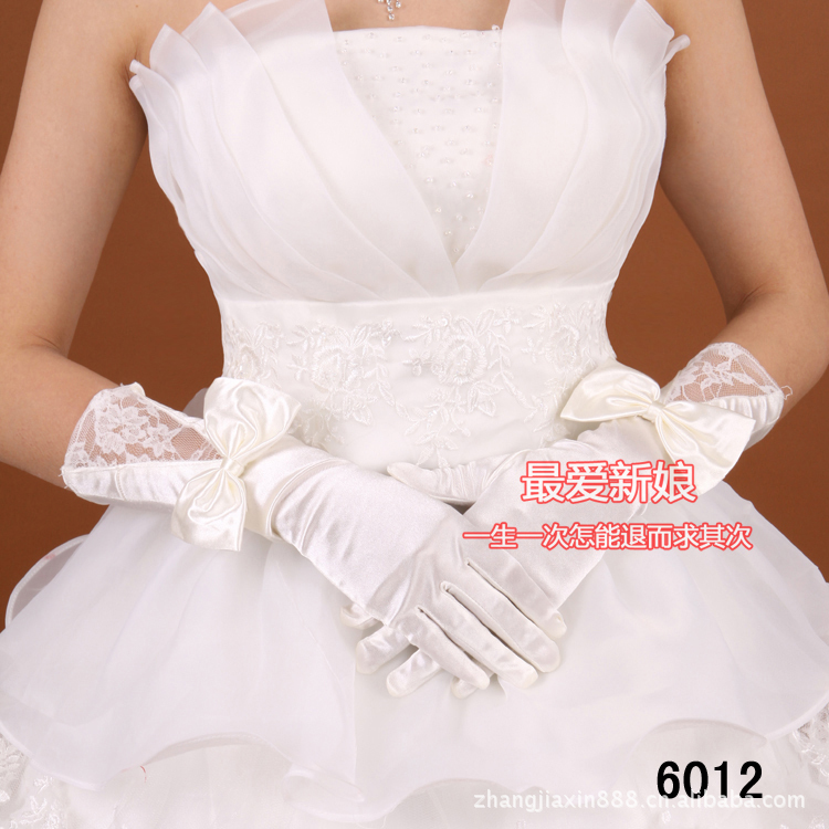 厂家直销批发 新娘婚纱礼服手套 大蝴蝶节有指缎面演出仪手套四色