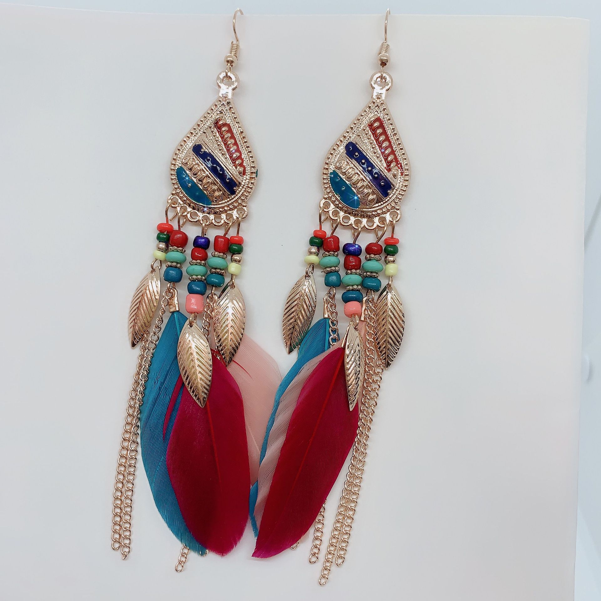 (Wholesale), retro ethnic earrings drop-shaped with tassels, European style, boho style, ethnic style