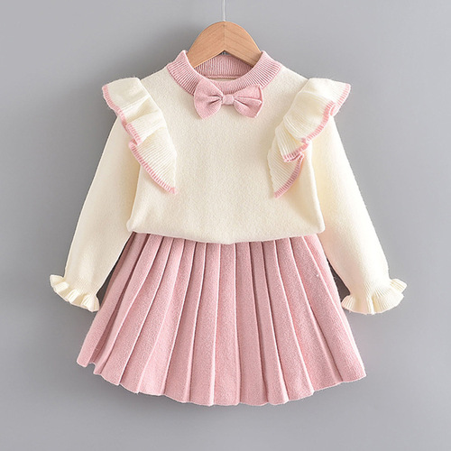 Girls' flying sleeve knitted sweater suit, children's Korean style spring and autumn style two-piece set, small and medium-sized baby princess dress