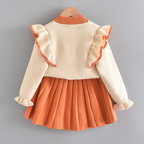 Girls' flying sleeve knitted sweater suit, children's Korean style spring and autumn style two-piece set, small and medium-sized baby princess dress