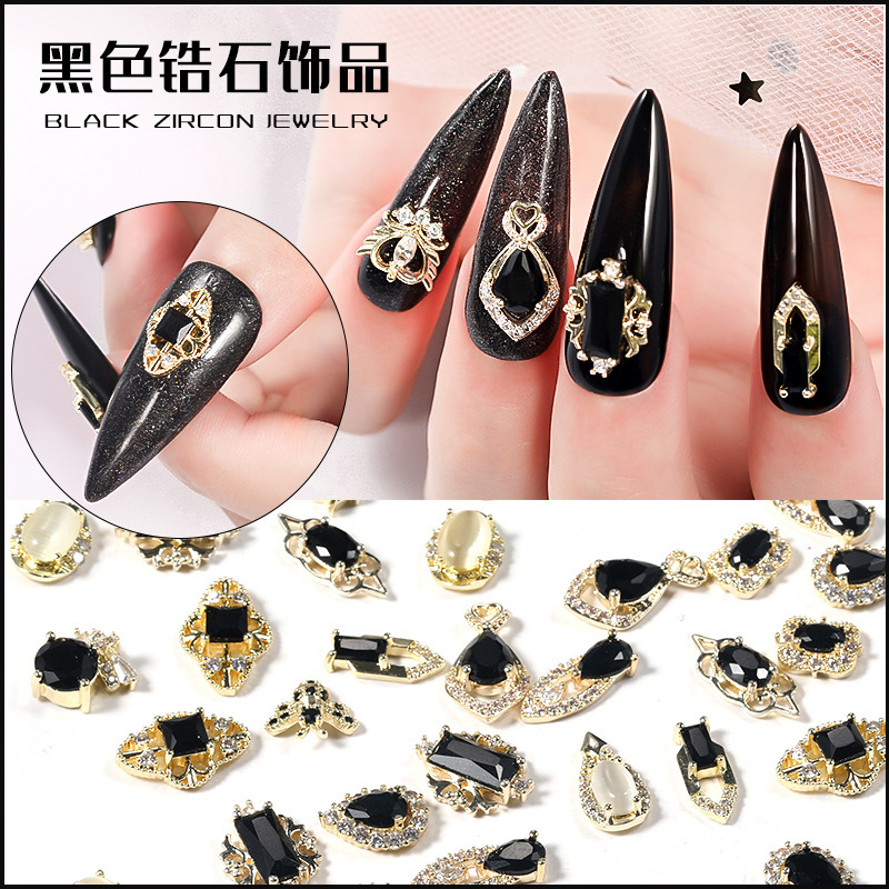 Japanese Nail Jewelry Zircon Jewelry Diamond Abusive ins Light Luxury Electroplated Color-preserving Real Gold Zircon Nail Sticker Black Diamond