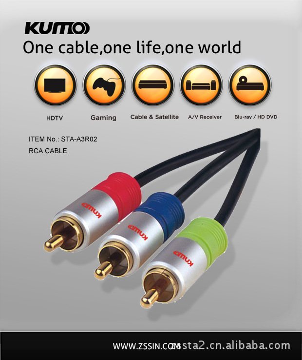 供应3RCA to 3RCA CABLE, 3RCA 红蓝绿，3RCA红白黄，RCA音视频线
