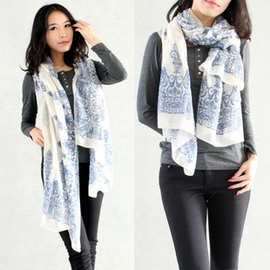 外贸新款 中国名族风青花瓷围巾 女巴黎纱印花经典丝巾批发 C186