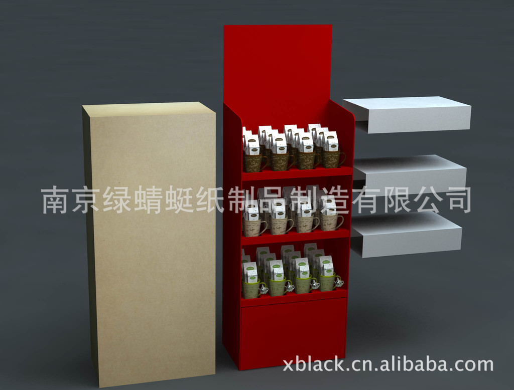 茶杯、水杯等超市纸展示架 落地式三层瓦楞纸货架 厂家定制批发