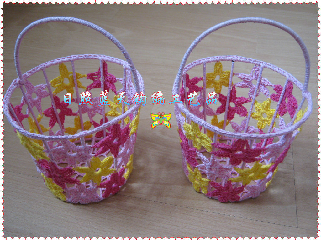 供应手工加工工艺品，手工钩针花篮，手钩毛线工艺品加工