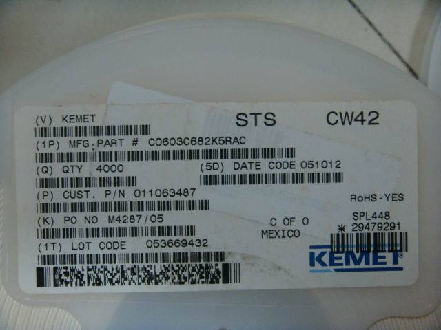 C0603C682K5RAC 0603 6800pF 50V 10% X7R基美贴片电容 原装现货