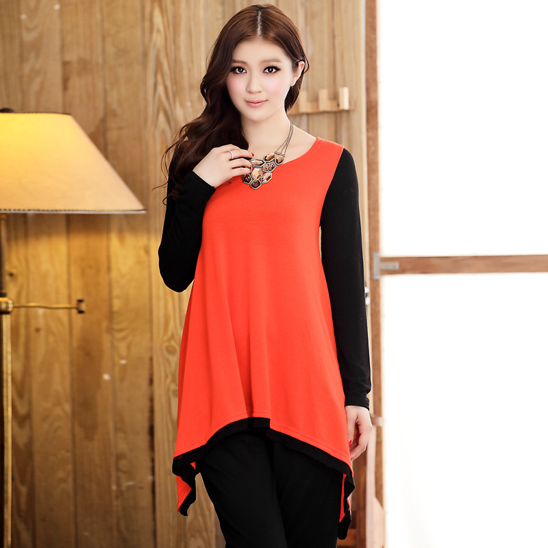 秋冬新款维纳丝长上衣拼色圆领大摆上衣孕妇装针织衫大码上衣511