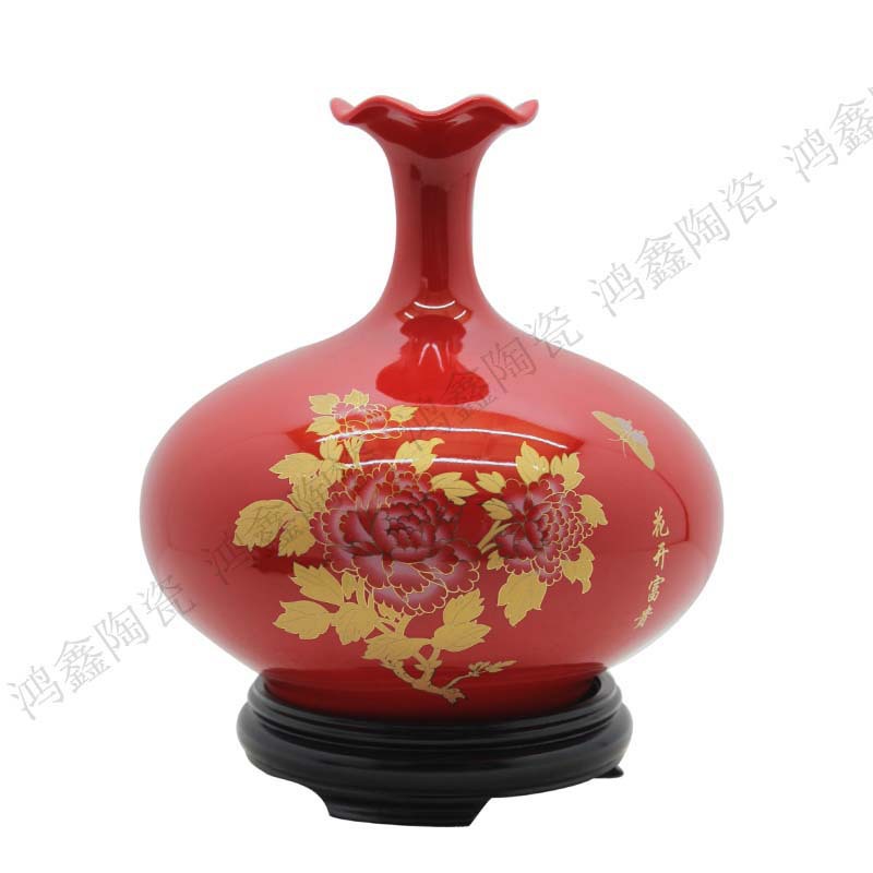 供应中国红牡丹花陶瓷花瓶红瓷摆件鸿鑫陶瓷22cm精品荷花瓶 阿里巴巴
