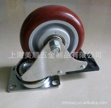 生产厂家供应4寸平顶红色聚胺脂万向带刹车脚轮
