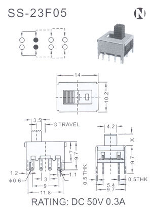 供应开关来图制定 双极三位拨动开关 SS-23F05电子拨动开关