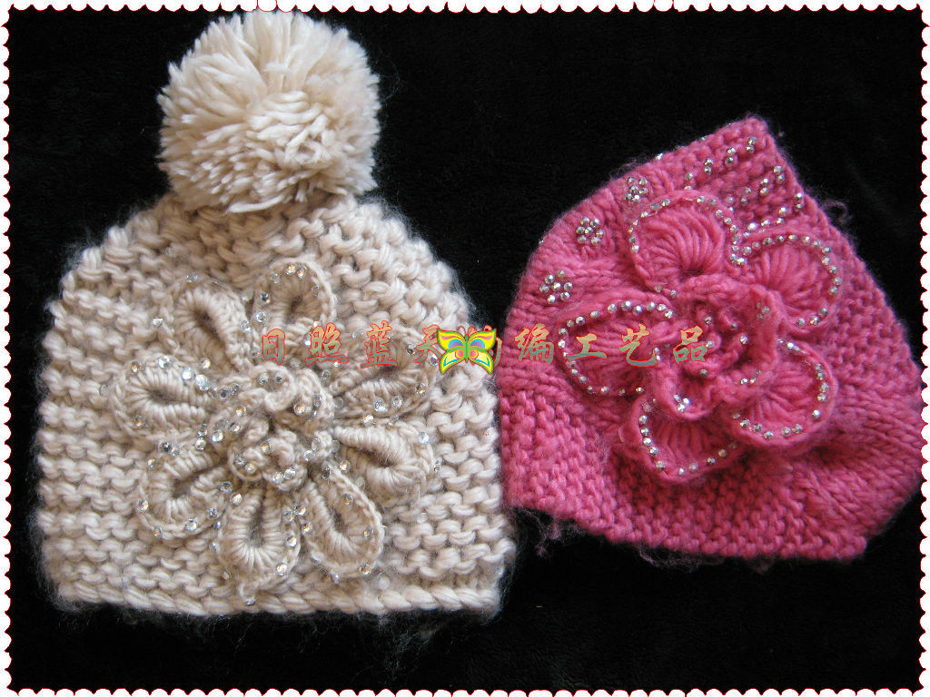 手工毛线帽子、针织毛线帽子钩花、手钩编织毛线
