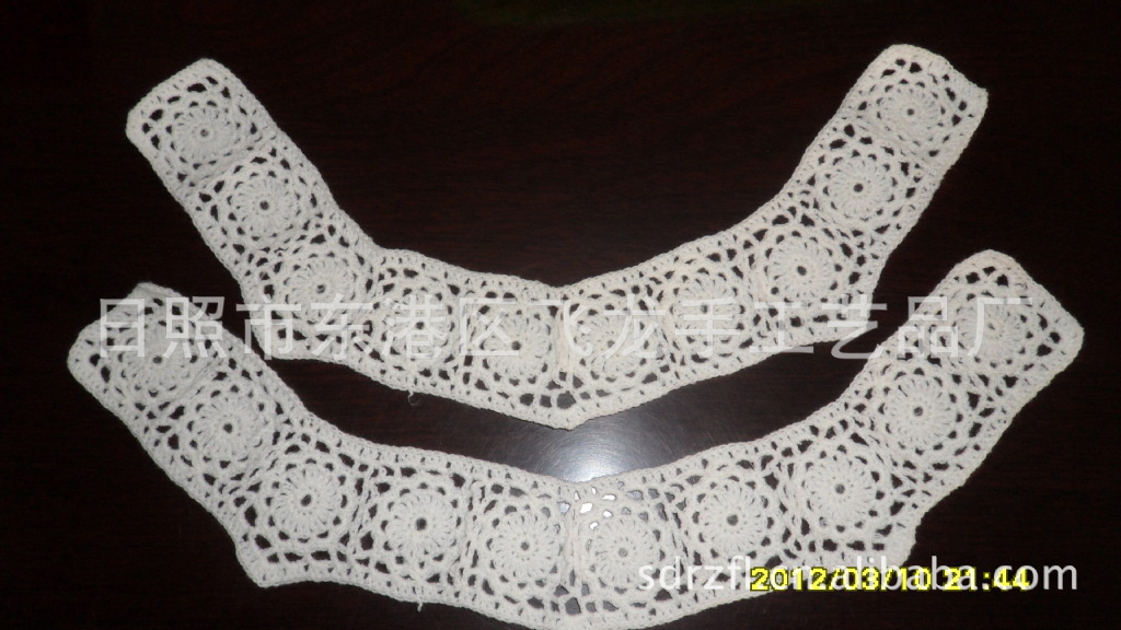 加工手钩织带手钩花边棉线花边。手钩衣领。款式新颖。品种全