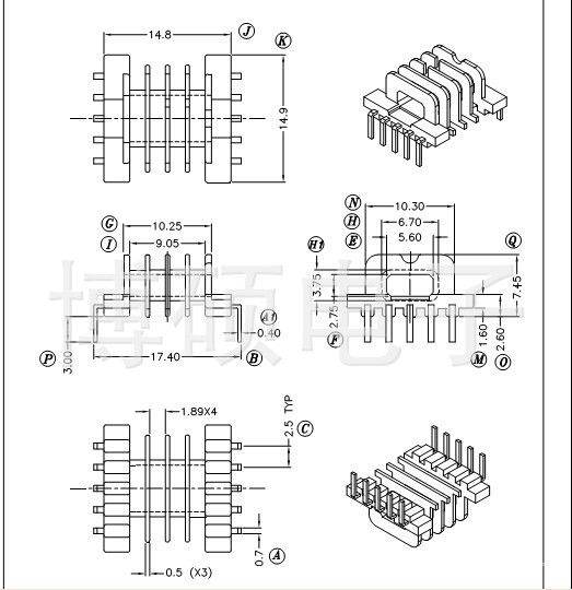 有EFD15  卧式四槽 4槽  5+5贴片电木骨架 海欧脚  L脚 订做