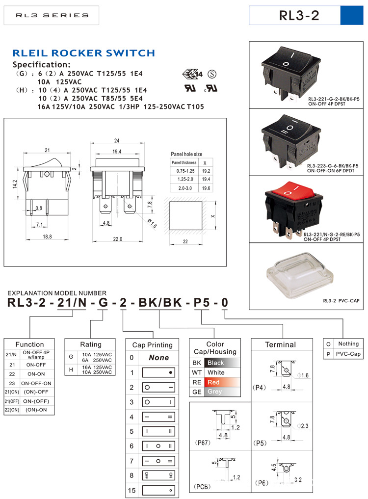 供应RLEIL面板尺寸为21*24mm的RL3-2船型开关跷板(配)迷你型