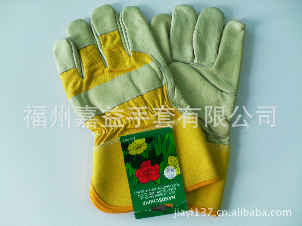 淡黄牛头层皮黄布胶袖全里手套
