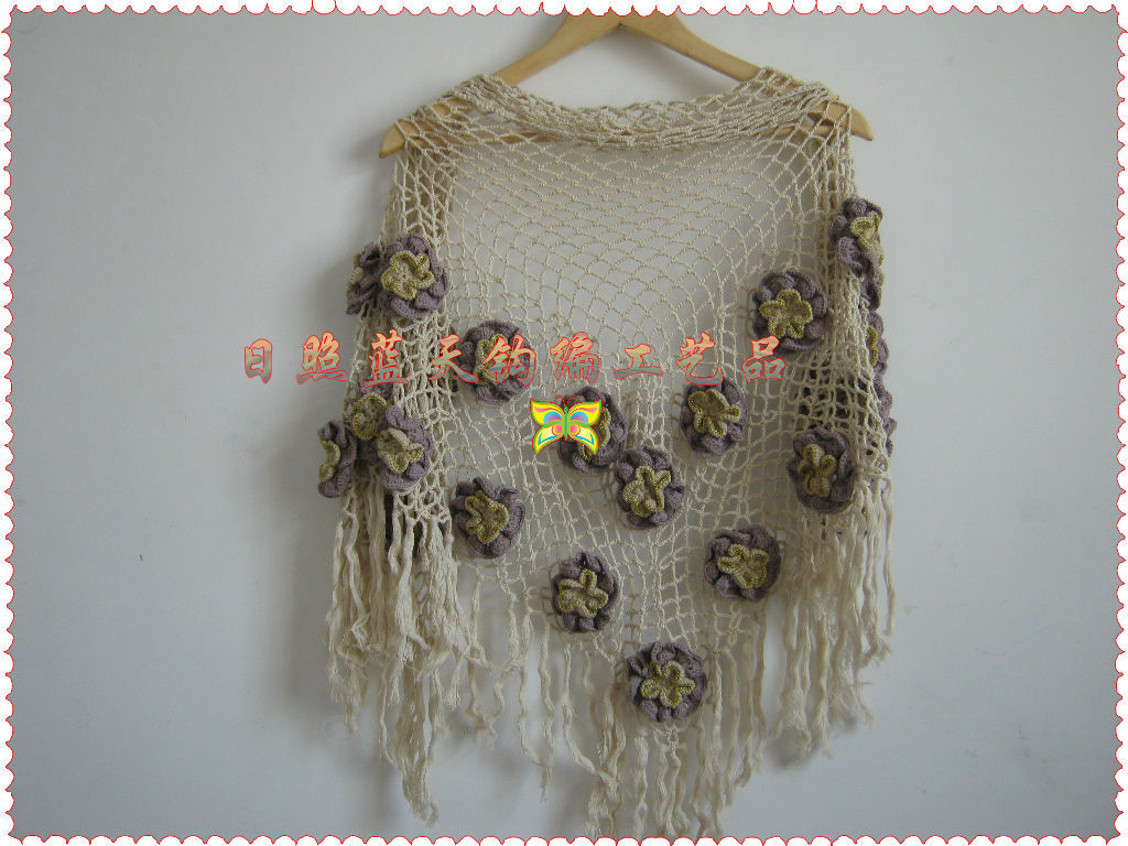 手钩围巾、披肩、手钩编织披肩围巾、手工编织钩花