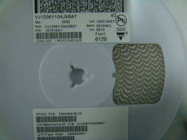 VJ1206Y104JXBAT 1206 0.1uF 100V X7R 5% vishay 原装现货