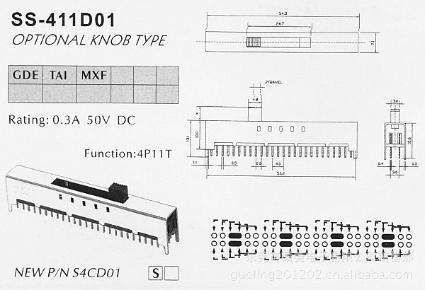 11段拨动开关：SS-411D01 拔动开关